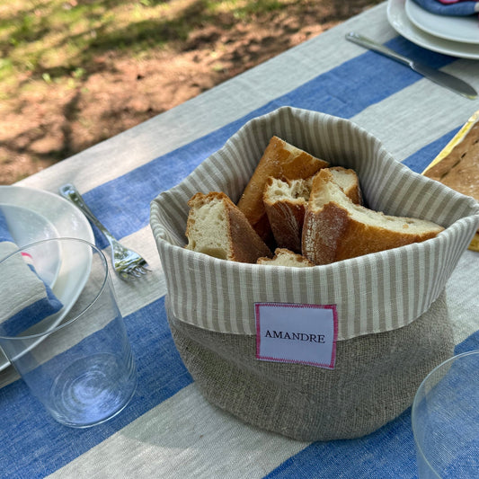 Cesta Lur - Lino natural con rayas · Overlock Fucsia - Amandre
