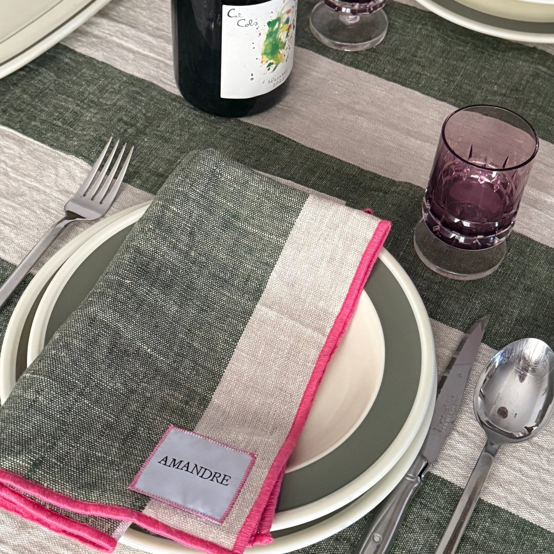 Mantel Etxekoa - Rayas Verdes & Lino / Overlock Fucsia - Amandre