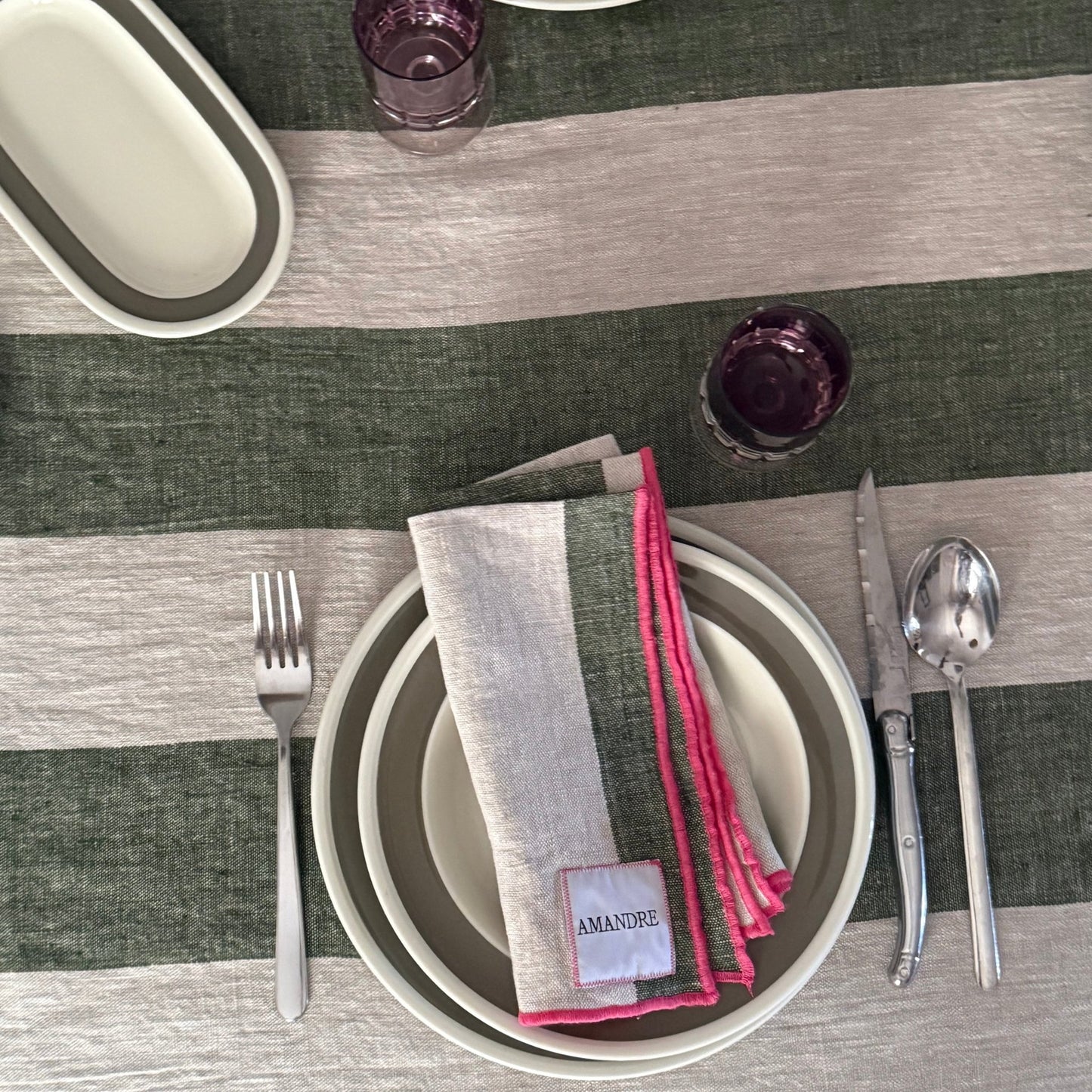 Mantel Etxekoa - Rayas Verdes & Lino / Overlock Fucsia - Amandre