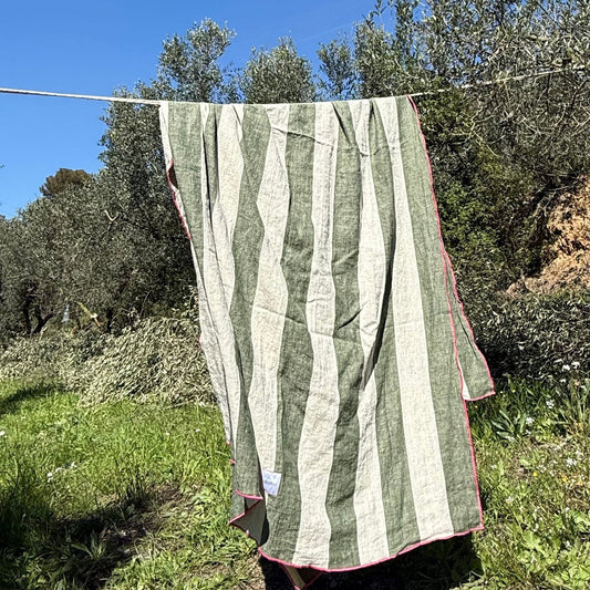 Mantel Etxekoa - Rayas Verdes & Lino / Overlock Fucsia - Amandre